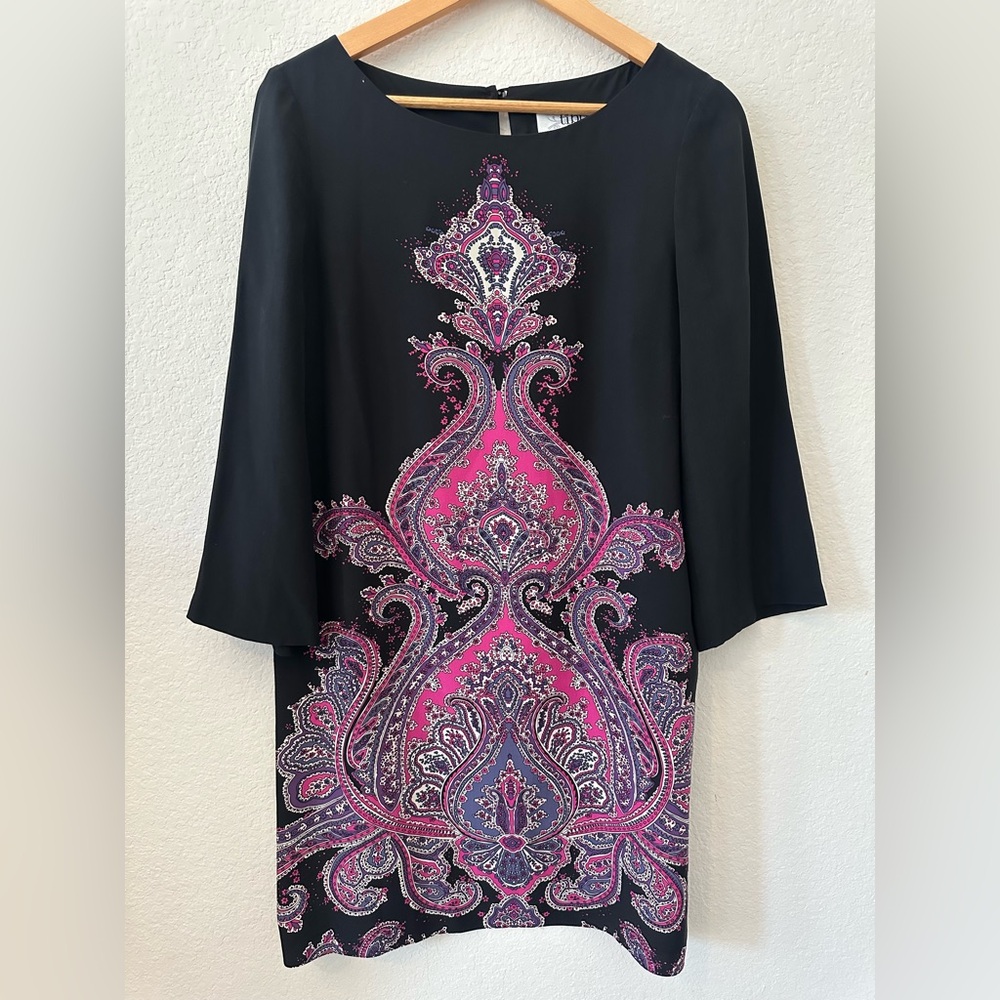 Tibi Black 100% silk Sz L mini Dress with Pink Paisley Accents - Picture 1 of 6